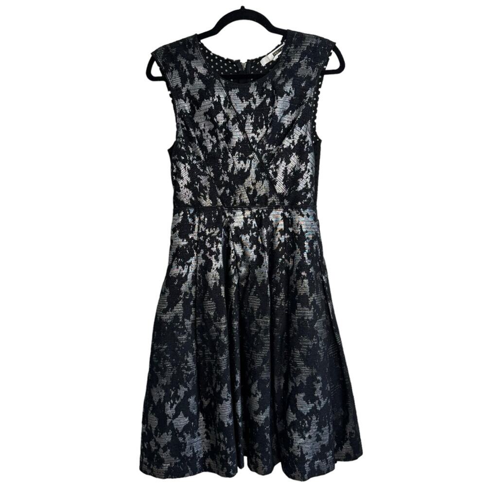Tracy Reese Black And Silver Metallic Silk Blend Sleeveless Cocktail Dress Sz 4